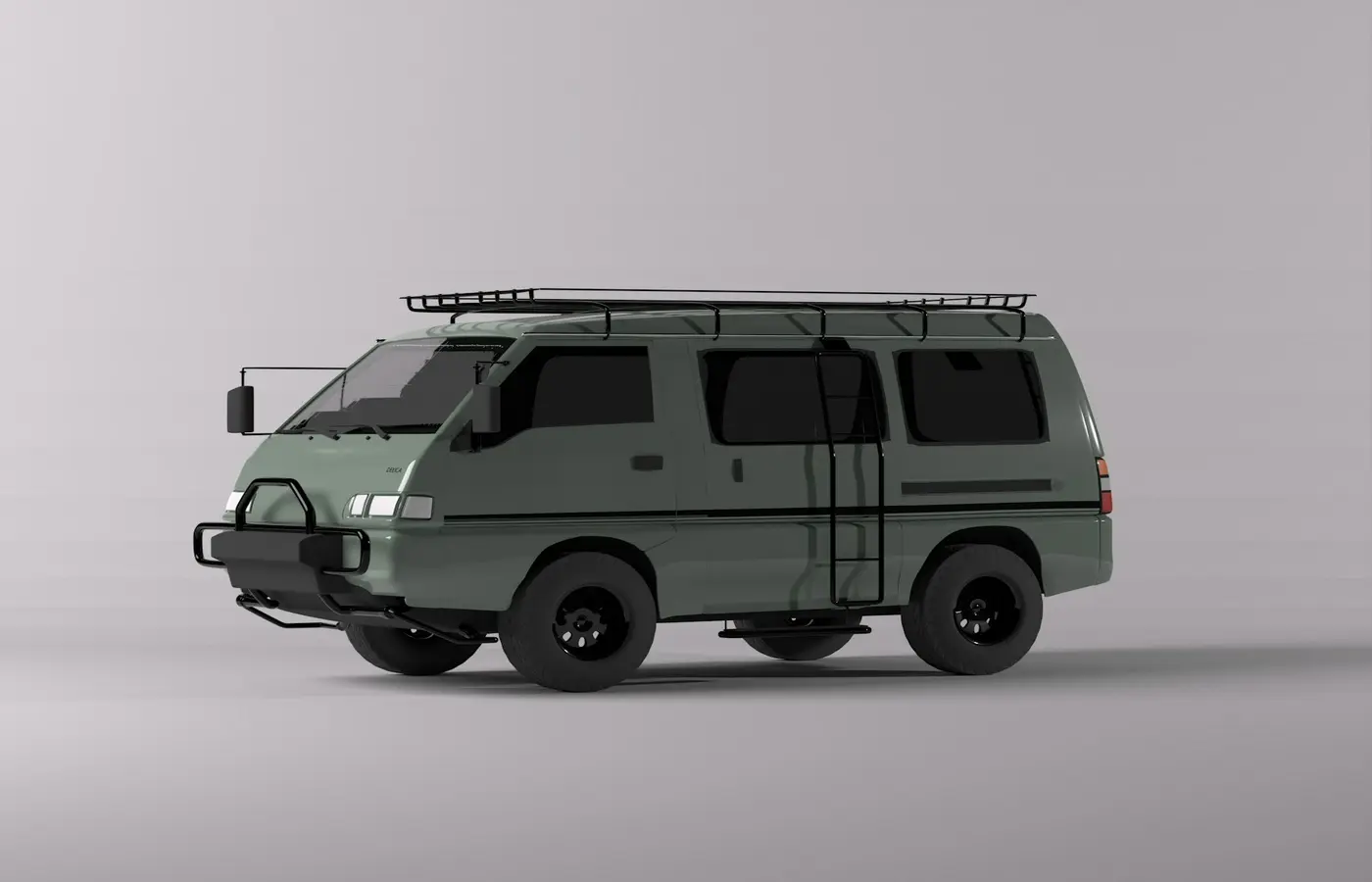 a green van with a rack on the roof