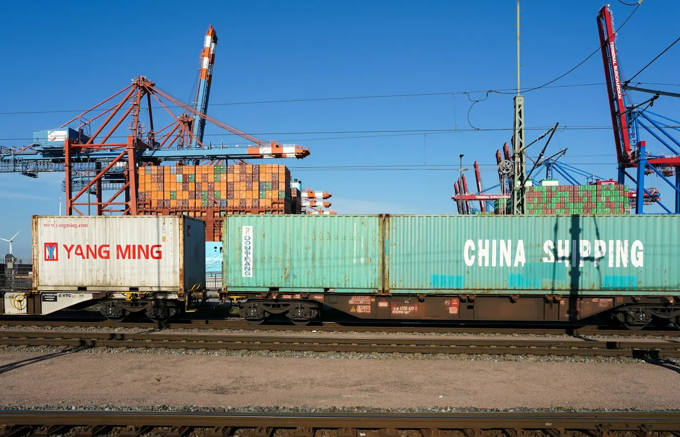 Shipping containers on a train at a port